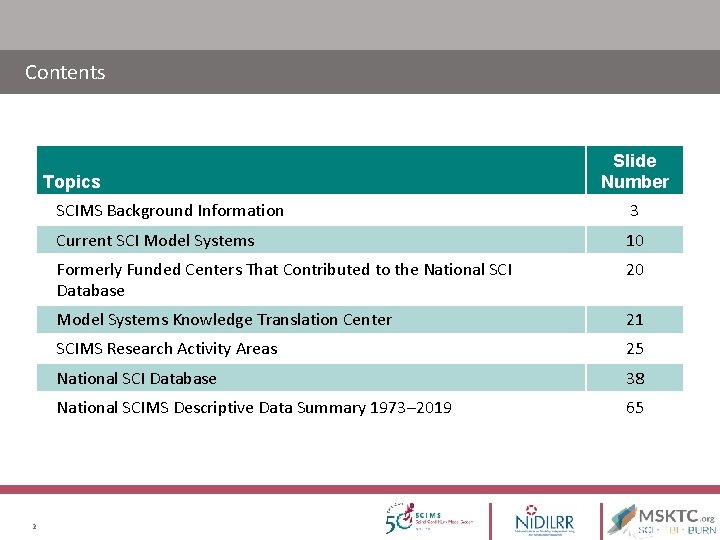 Contents Topics 2 Slide Number SCIMS Background Information 3 Current SCI Model Systems 10 Contents Topics 2 Slide Number SCIMS Background Information 3 Current SCI Model Systems 10