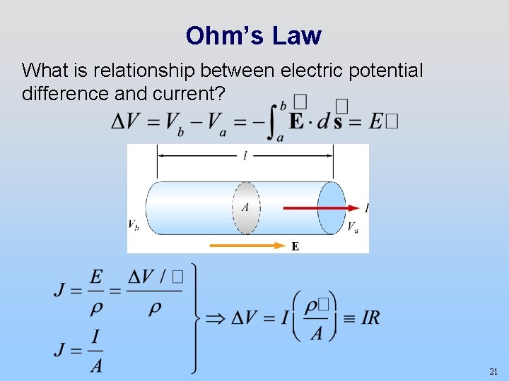 Ohm’s Law What is relationship between electric potential difference and current? 21 