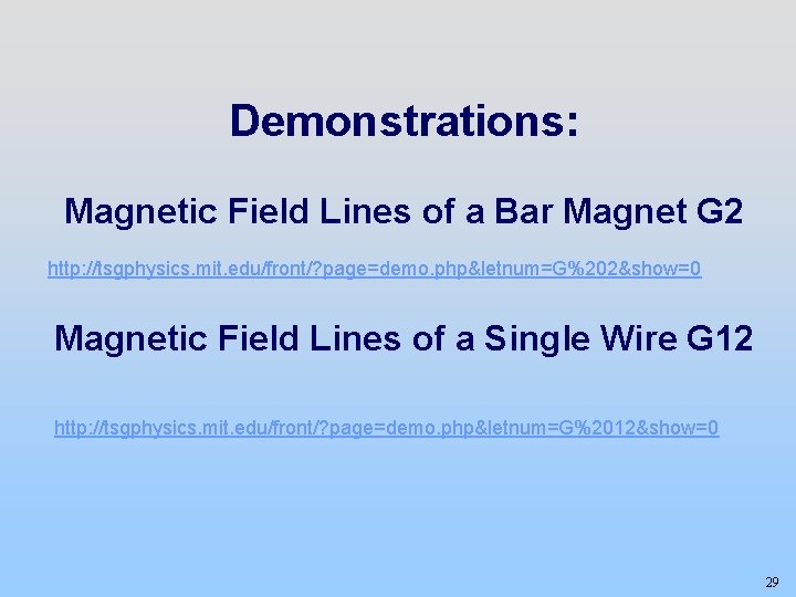 Demonstrations: Magnetic Field Lines of a Bar Magnet G 2 http: //tsgphysics. mit. edu/front/?