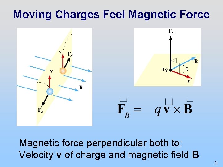 Moving Charges Feel Magnetic Force Magnetic force perpendicular both to: Velocity v of charge