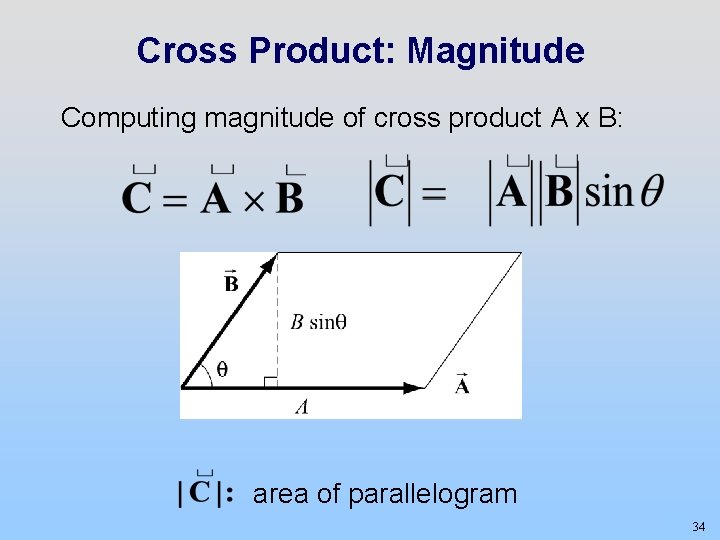 Cross Product: Magnitude Computing magnitude of cross product A x B: area of parallelogram