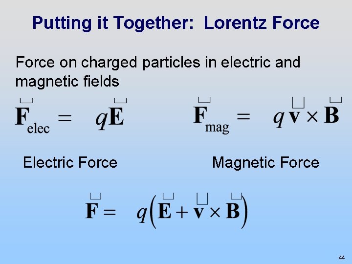 Putting it Together: Lorentz Force on charged particles in electric and magnetic fields Electric