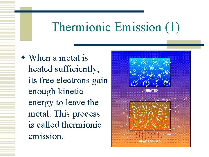 Thermionic Emission (1) w When a metal is heated sufficiently, its free electrons gain