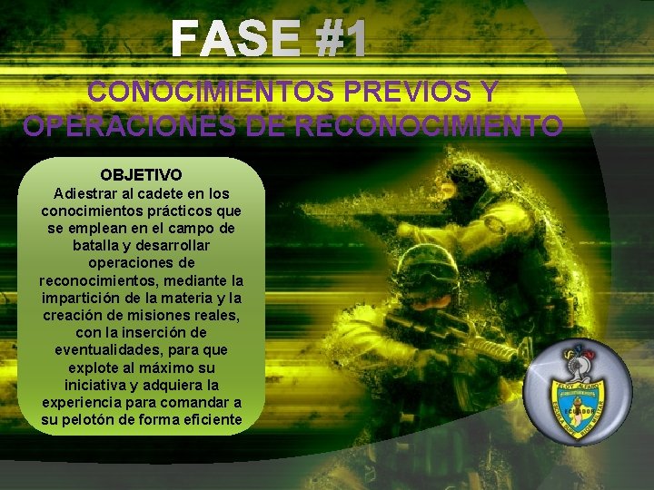 FASE #1 CONOCIMIENTOS PREVIOS Y OPERACIONES DE RECONOCIMIENTO OBJETIVO Adiestrar al cadete en los