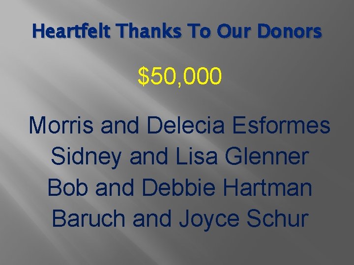 Heartfelt Thanks To Our Donors $50, 000 Morris and Delecia Esformes Sidney and Lisa