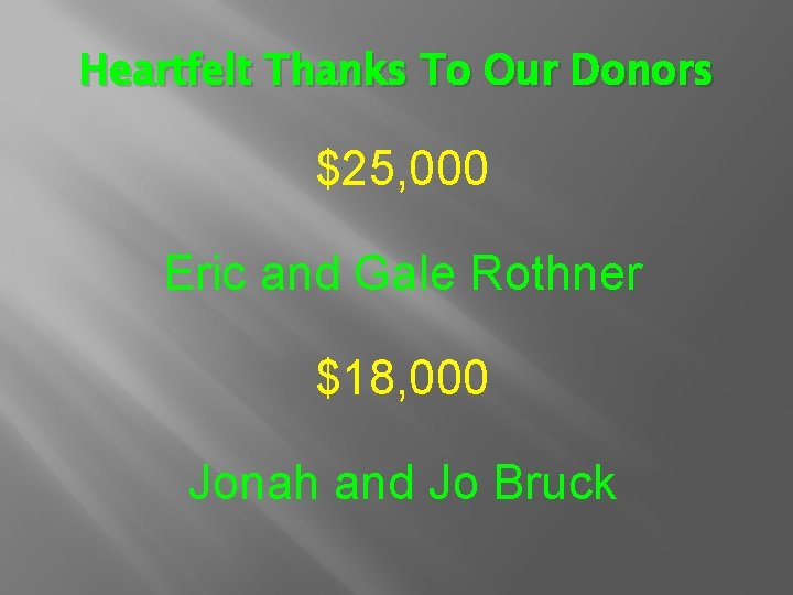 Heartfelt Thanks To Our Donors $25, 000 Eric and Gale Rothner $18, 000 Jonah