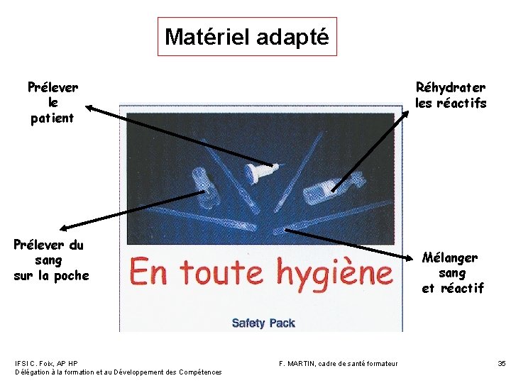 Matériel adapté Prélever le patient Réhydrater les réactifs Prélever du sang sur la poche Matériel adapté Prélever le patient Réhydrater les réactifs Prélever du sang sur la poche
