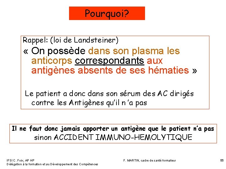 Pourquoi? Rappel: (loi de Landsteiner) « On possède dans son plasma les anticorps correspondants Pourquoi? Rappel: (loi de Landsteiner) « On possède dans son plasma les anticorps correspondants