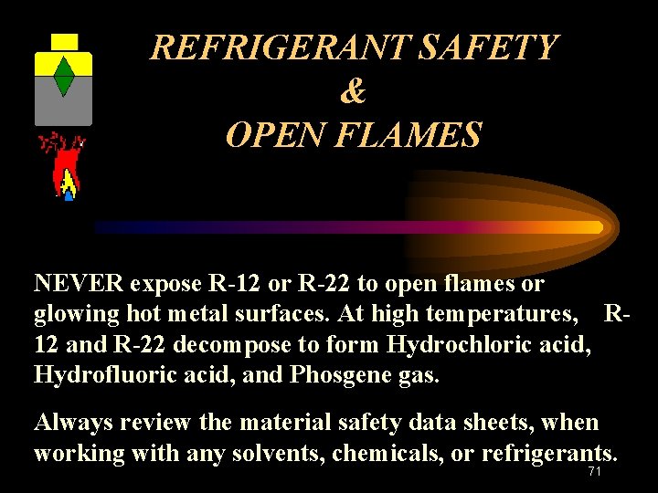REFRIGERANT SAFETY & OPEN FLAMES NEVER expose R-12 or R-22 to open flames or