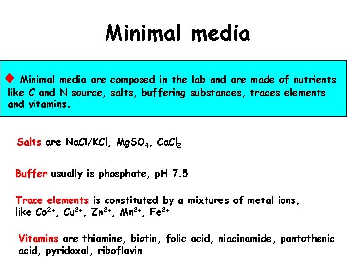 Minimal media are composed in the lab and are made of nutrients like C