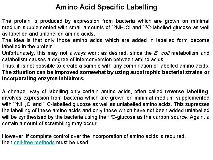 Amino Acid Specific Labelling The protein is produced by expression from bacteria which are