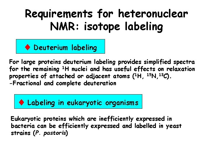 Requirements for heteronuclear NMR: isotope labeling Deuterium labeling For large proteins deuterium labeling provides