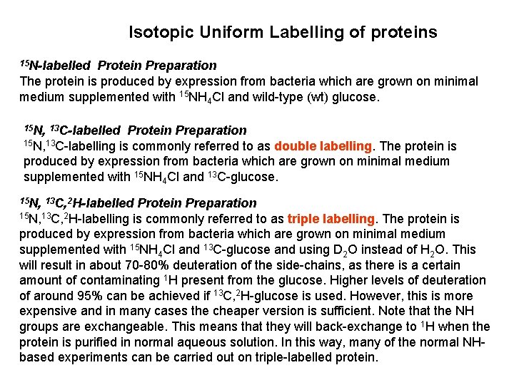 Isotopic Uniform Labelling of proteins 15 N-labelled Protein Preparation The protein is produced by