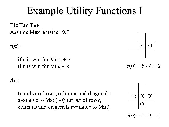 Example Utility Functions I Tic Tac Toe Assume Max is using “X” e(n) =
