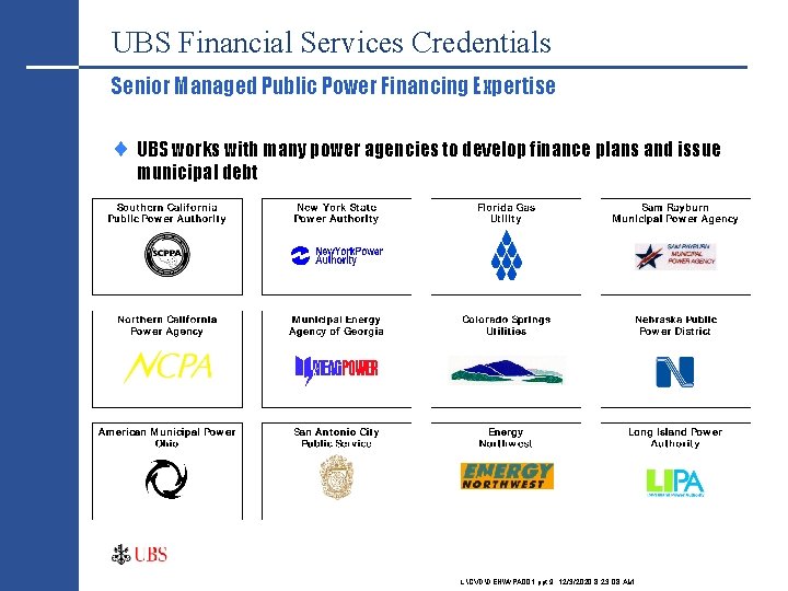 UBS Financial Services Credentials Senior Managed Public Power Financing Expertise ¨ UBS works with