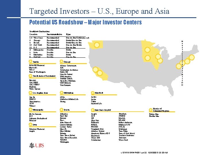 Targeted Investors – U. S. , Europe and Asia Potential US Roadshow – Major