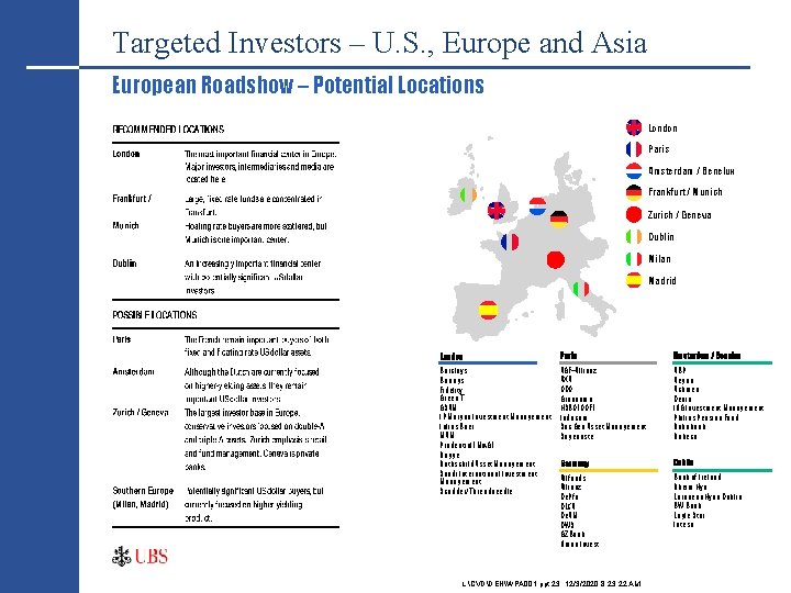 Targeted Investors – U. S. , Europe and Asia European Roadshow – Potential Locations