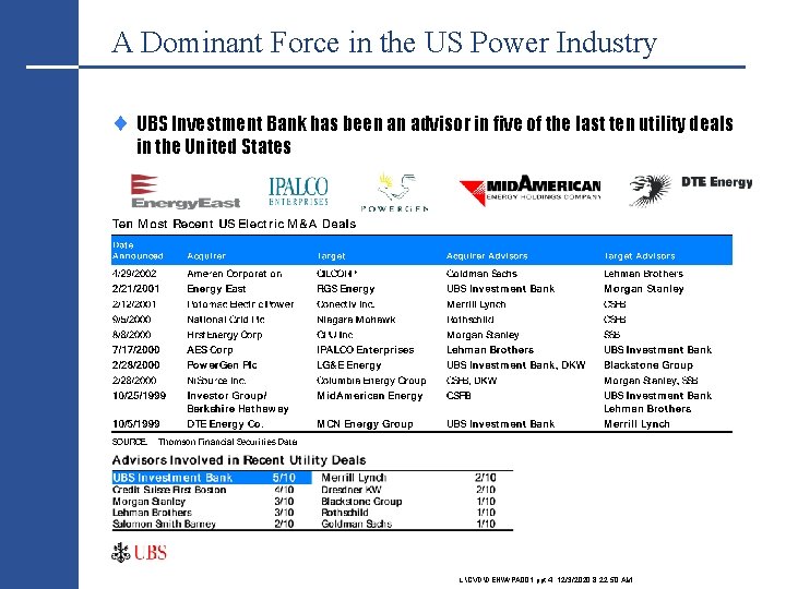 A Dominant Force in the US Power Industry ¨ UBS Investment Bank has been