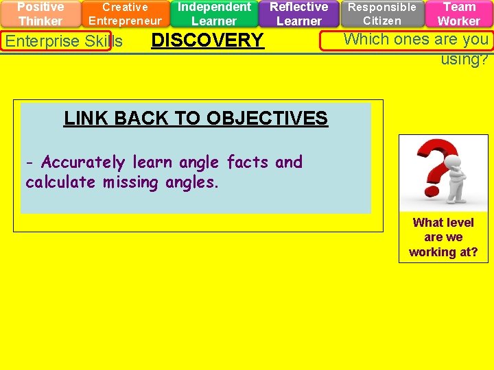 Positive Thinker Creative Entrepreneur Enterprise Skills Independent Learner Reflective Learner DISCOVERY Responsible Citizen Team