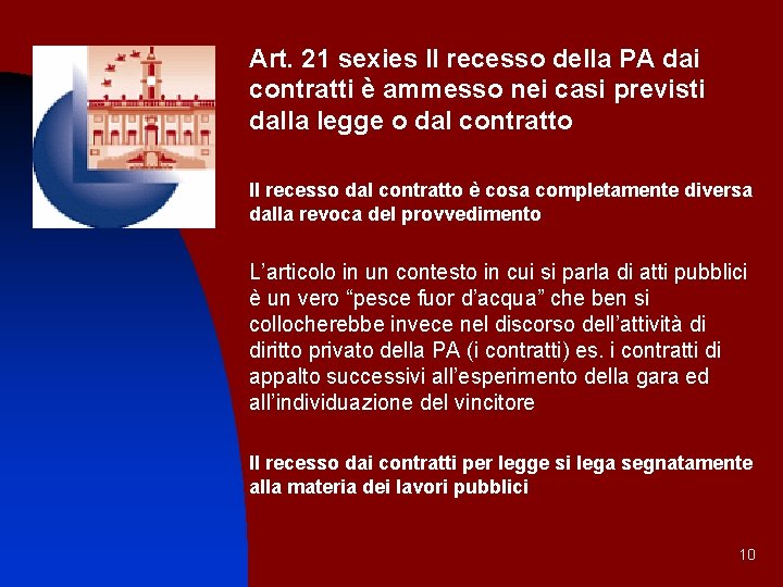 Art. 21 sexies Il recesso della PA dai contratti è ammesso nei casi previsti