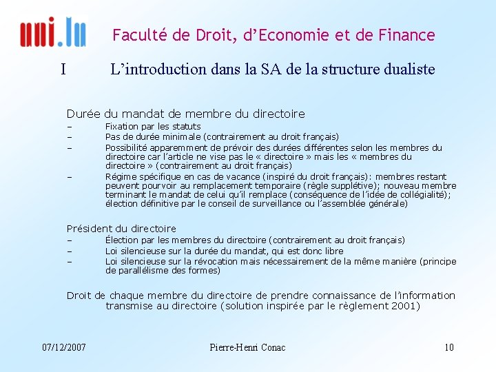 Faculté de Droit, d’Economie et de Finance I L’introduction dans la SA de la