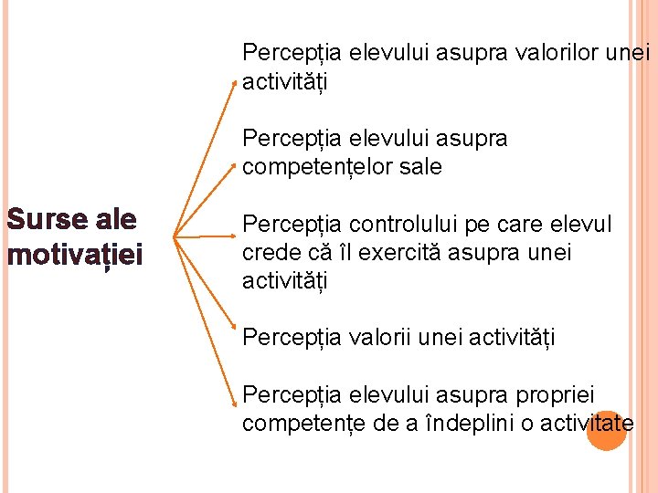 Percepția elevului asupra valorilor unei activități Percepția elevului asupra competențelor sale Surse ale motivației