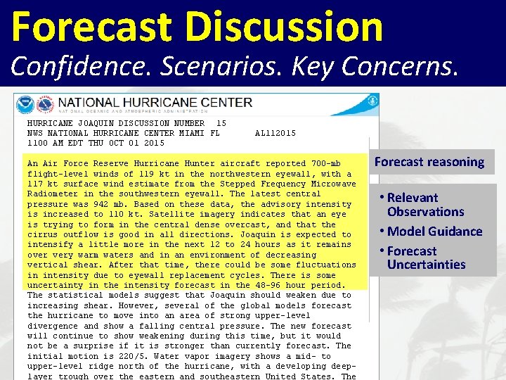 Forecast Discussion Confidence. Scenarios. Key Concerns. HURRICANE JOAQUIN DISCUSSION NUMBER 15 NWS NATIONAL HURRICANE