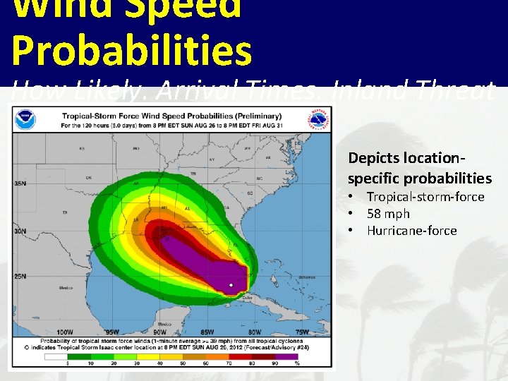 Wind Speed Probabilities How Likely. Arrival Times. Inland Threat Depicts locationspecific probabilities • Tropical-storm-force