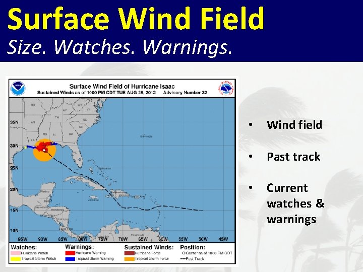 Surface Wind Field Size. Watches. Warnings. • Wind field • Past track • Current