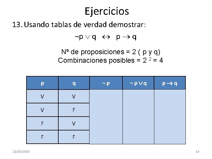 Ejercicios 13. Usando tablas de verdad demostrar: ¬p q Nº de proposiciones = 2