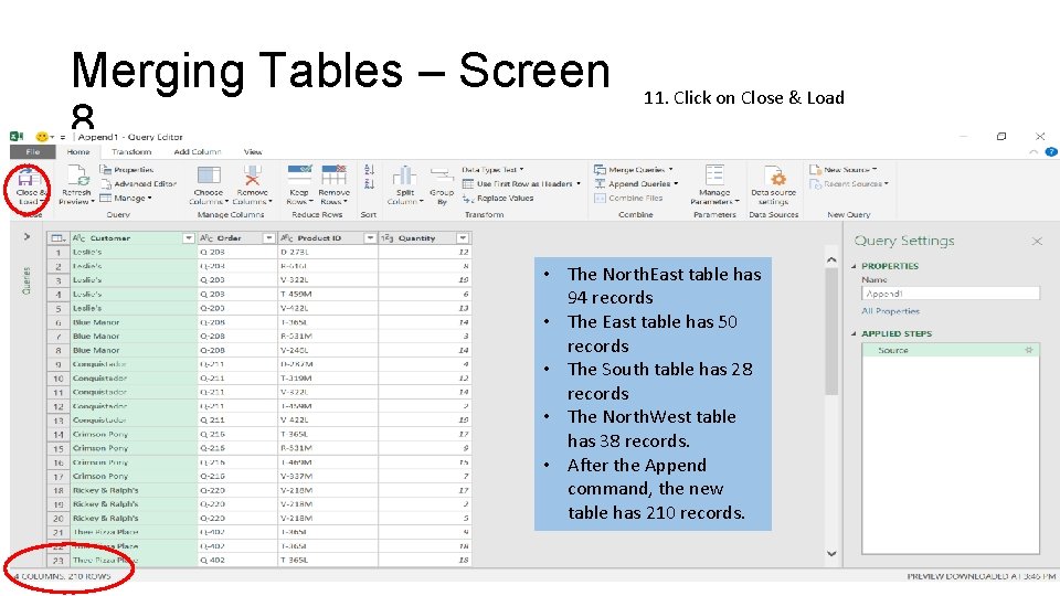 Merging Tables – Screen 8 11. Click on Close & Load • The North.