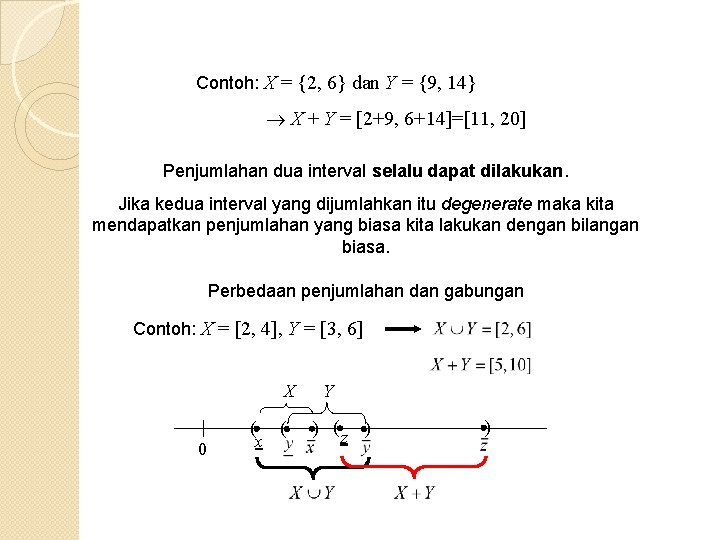 Contoh: X = {2, 6} dan Y = {9, 14} X + Y =