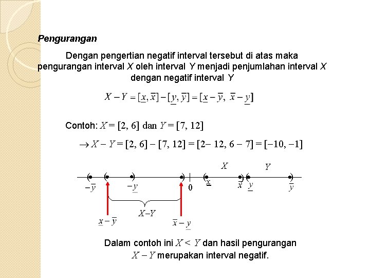 Pengurangan Dengan pengertian negatif interval tersebut di atas maka pengurangan interval X oleh interval