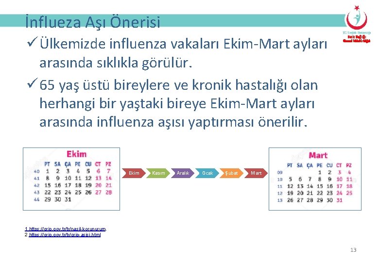 İnflueza Aşı Önerisi ü Ülkemizde influenza vakaları Ekim-Mart ayları arasında sıklıkla görülür. ü 65