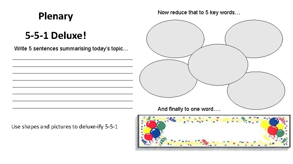 Plenary Now reduce that to 5 key words… 5 -5 -1 Deluxe! Write 5