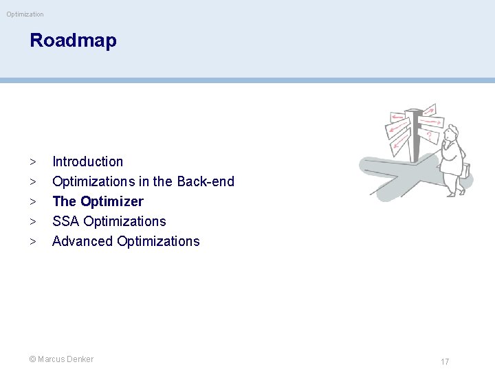 Optimization Roadmap > > > Introduction Optimizations in the Back-end The Optimizer SSA Optimizations