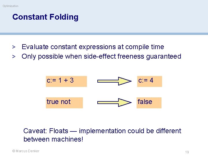 Optimization Constant Folding > Evaluate constant expressions at compile time > Only possible when