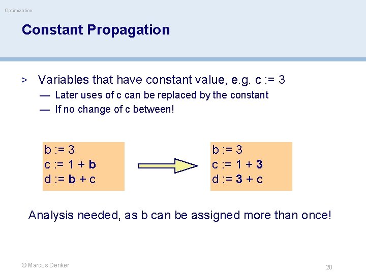 Optimization Constant Propagation > Variables that have constant value, e. g. c : =