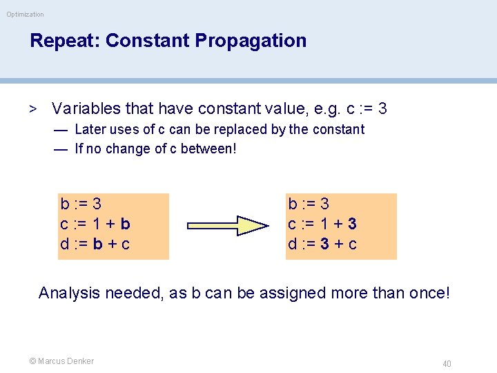 Optimization Repeat: Constant Propagation > Variables that have constant value, e. g. c :