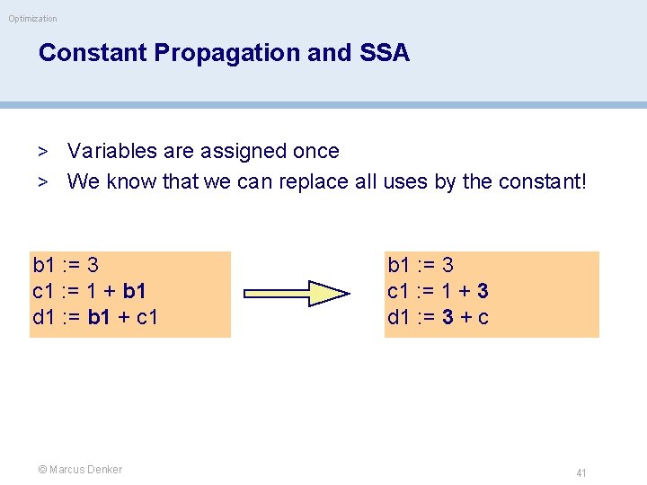 Optimization Constant Propagation and SSA > Variables are assigned once > We know that