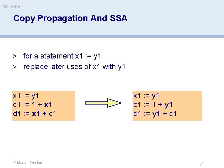 Optimization Copy Propagation And SSA > for a statement x 1 : = y