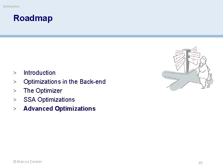 Optimization Roadmap > > > Introduction Optimizations in the Back-end The Optimizer SSA Optimizations