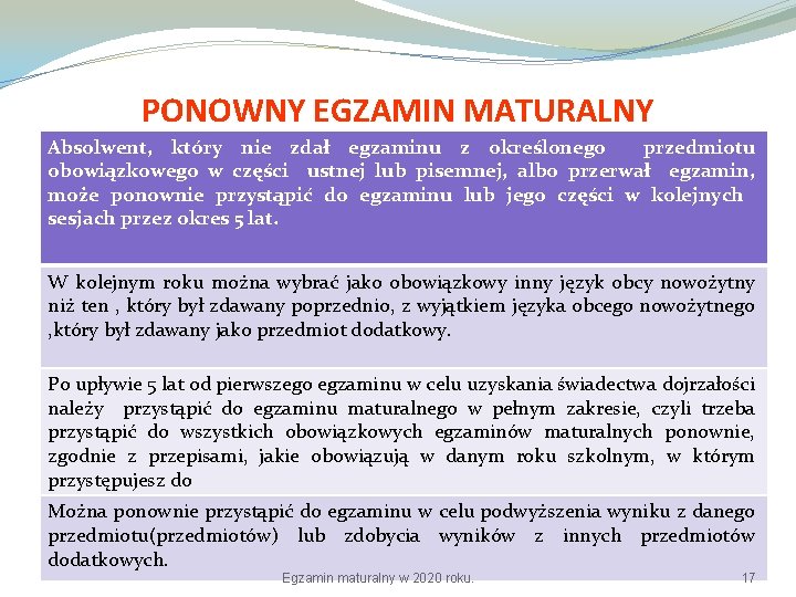 PONOWNY EGZAMIN MATURALNY Absolwent, który nie zdał egzaminu z określonego przedmiotu obowiązkowego w części