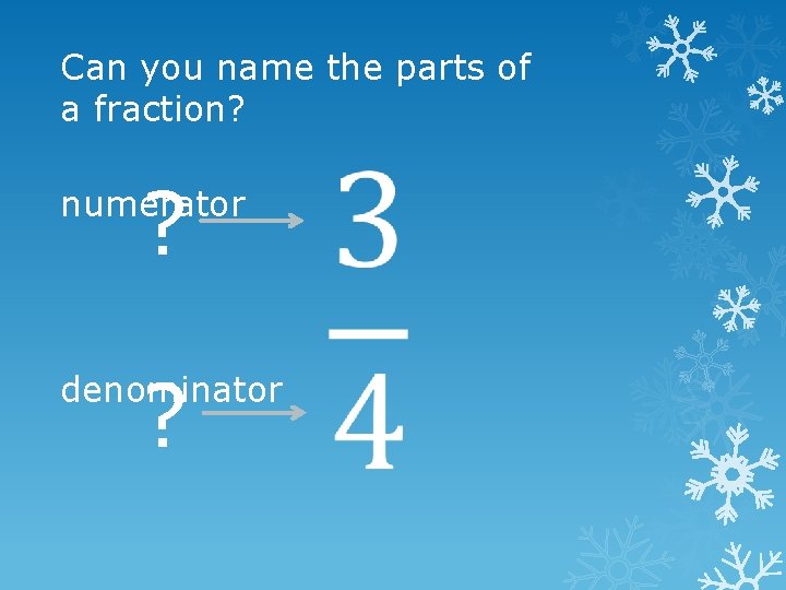 Can you name the parts of a fraction? ? numerator ? denominator 