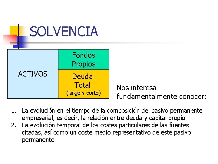 SOLVENCIA Fondos Propios ACTIVOS Deuda Total (largo y corto) Nos interesa fundamentalmente conocer: 1.