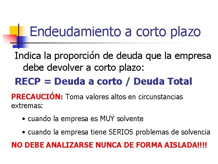 Endeudamiento a corto plazo Indica la proporción de deuda que la empresa debe devolver