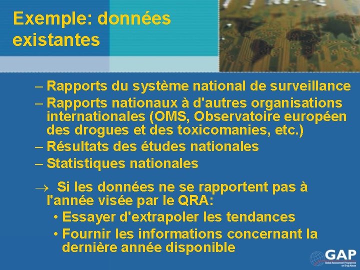 Exemple: données existantes – Rapports du système national de surveillance – Rapports nationaux à