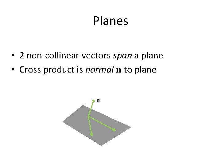 Planes • 2 non-collinear vectors span a plane • Cross product is normal n