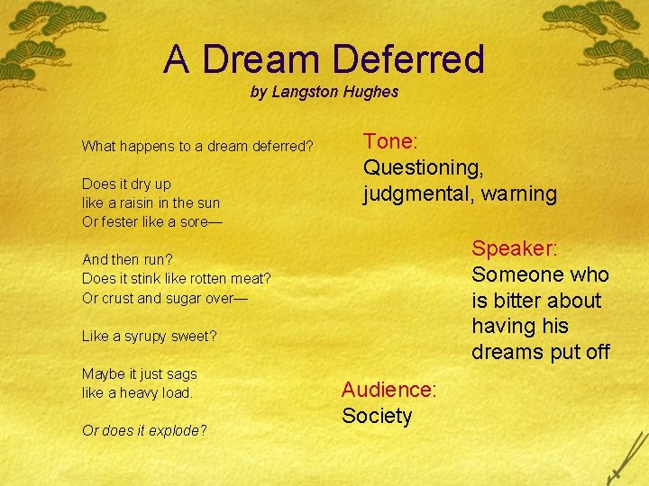 A Dream Deferred by Langston Hughes What happens to a dream deferred? Does it