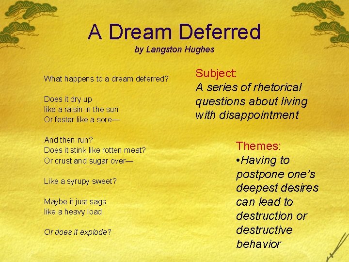 A Dream Deferred by Langston Hughes What happens to a dream deferred? Does it